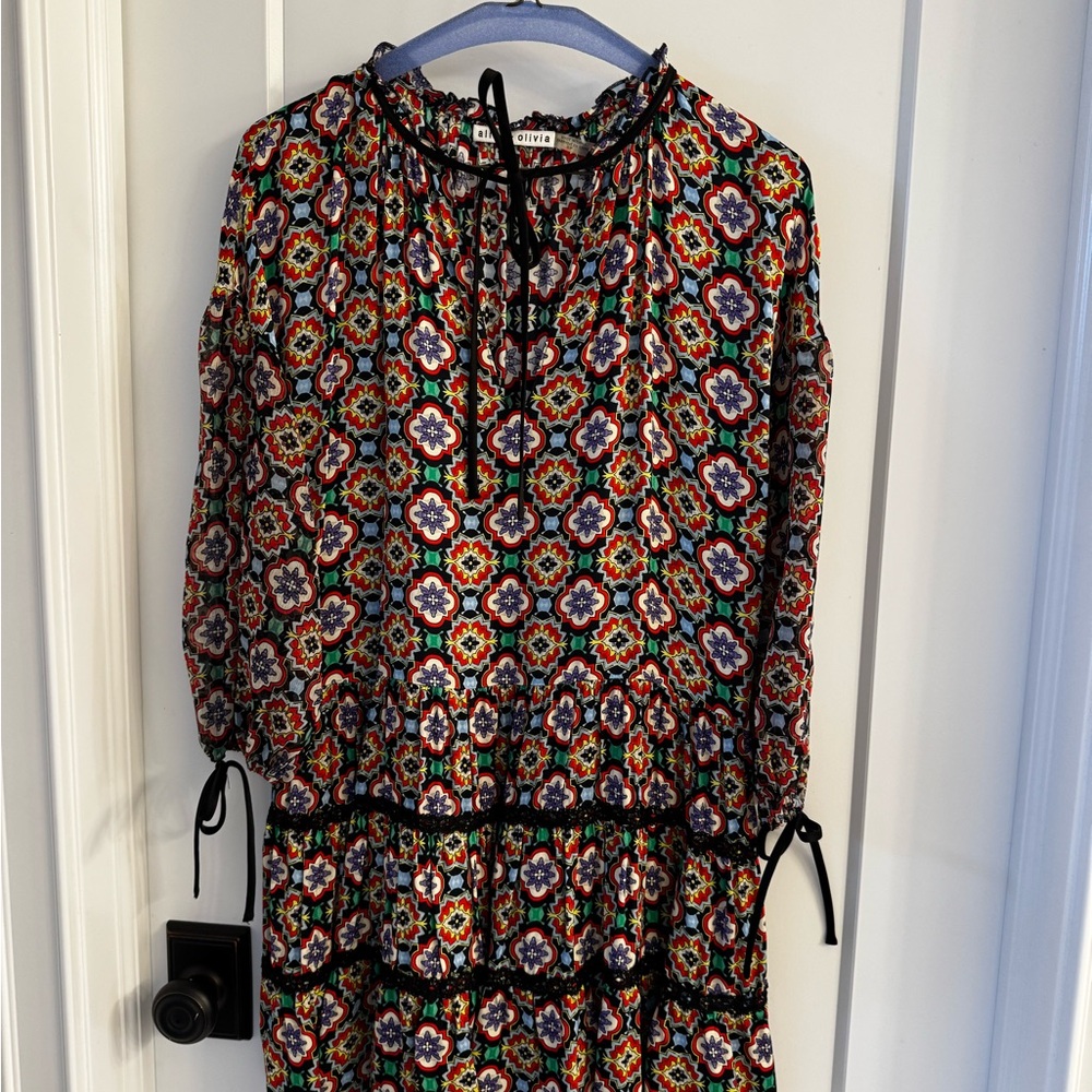 Alice & Olivia Floral Geo Print Smocked Waist Dress - Multicolor, size small